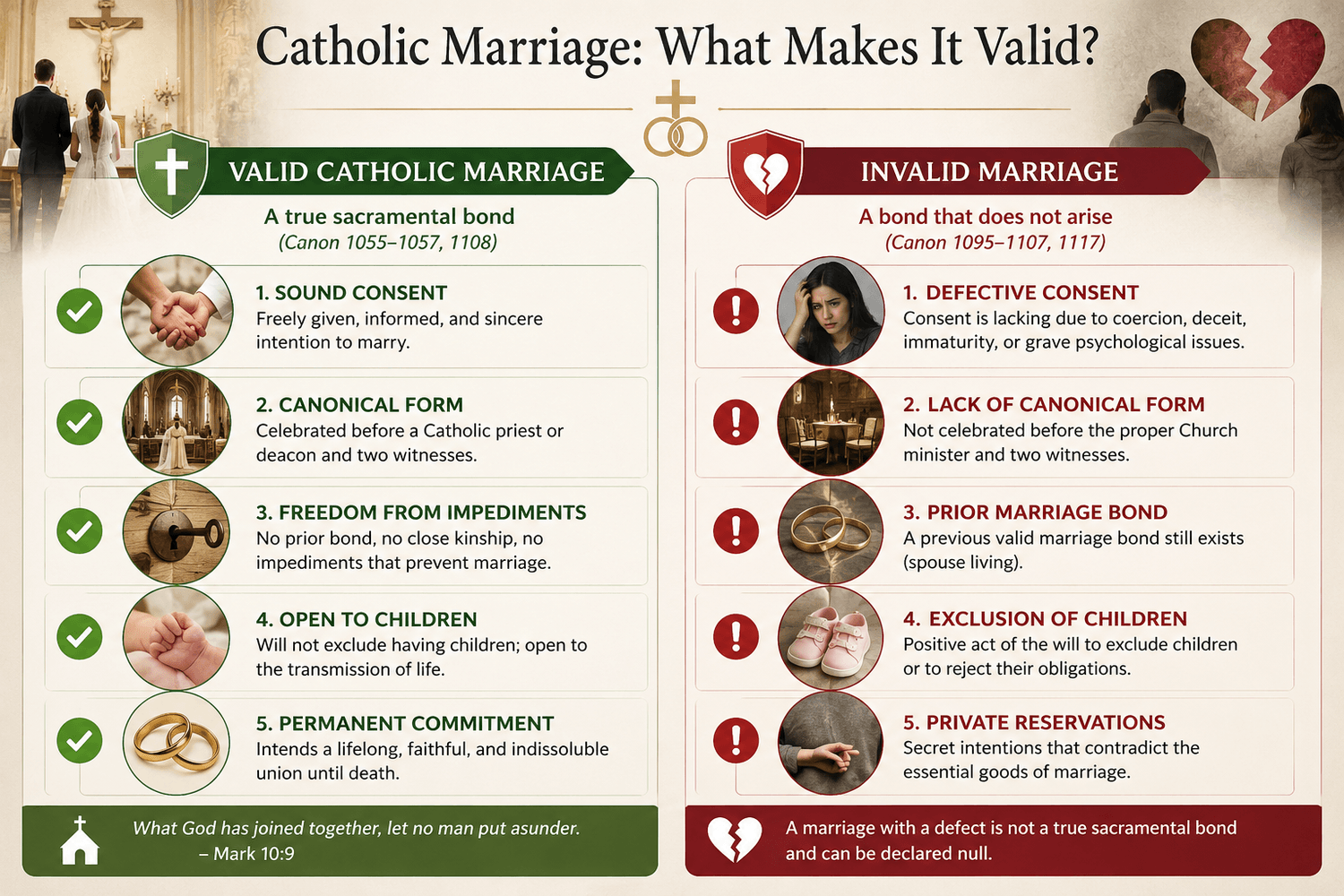 Detailed landscape format (1536x1024) comparison diagram split into two columns: left side labeled 'Valid Catholic Marriage' in green with checkmarks showing sound consent, canonical form, freedom from impediments, open to children, permanent commitment; right side labeled 'Invalid Marriage' in muted red with warning icons showing defective consent, lack of canonical form, prior marriage bond, exclusion of children, private reservations. Clean infographic style with Catholic marriage sacrament terminology, professional editorial quality, balanced composition.