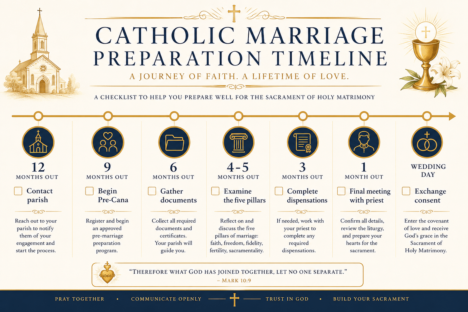 Detailed landscape format (1536x1024) comparison diagram split into two columns: left side labeled 'Valid Catholic Marriage' in green with checkmarks showing sound consent, canonical form, freedom from impediments, open to children, permanent commitment; right side labeled 'Invalid Marriage' in muted red with warning icons showing defective consent, lack of canonical form, prior marriage bond, exclusion of children, private reservations. Clean infographic style with Catholic marriage sacrament terminology, professional editorial quality, balanced composition.