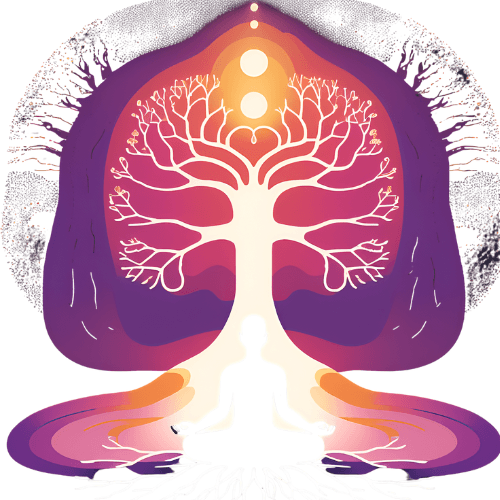 Vector of person meditating with roots and light symbolizing mind-body healing integration