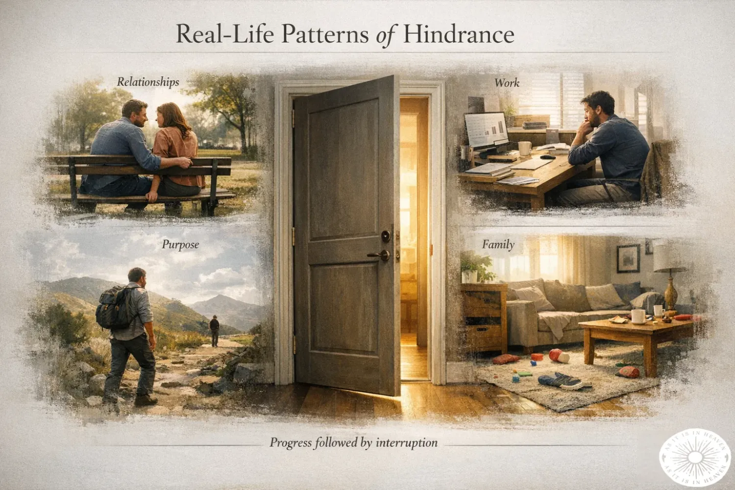 Real-life patterns of hindrance infographic showing relationships, work, purpose, and family scenes around open door.