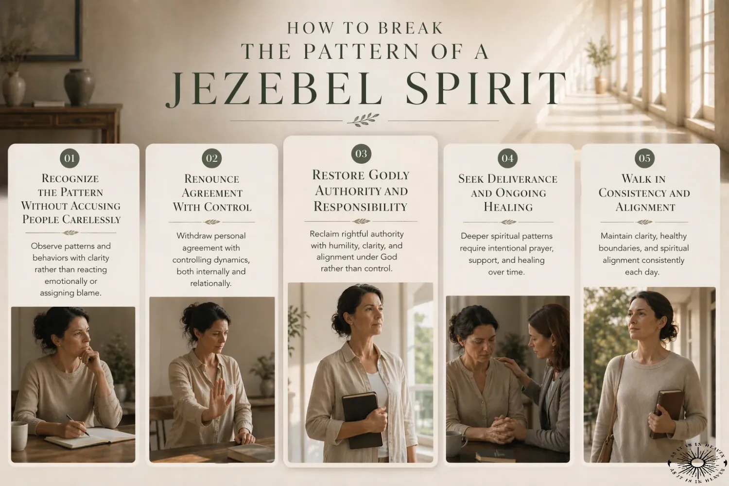 How to break the pattern of a Jezebel spirit infographic showing five step process with woman in different scenes.