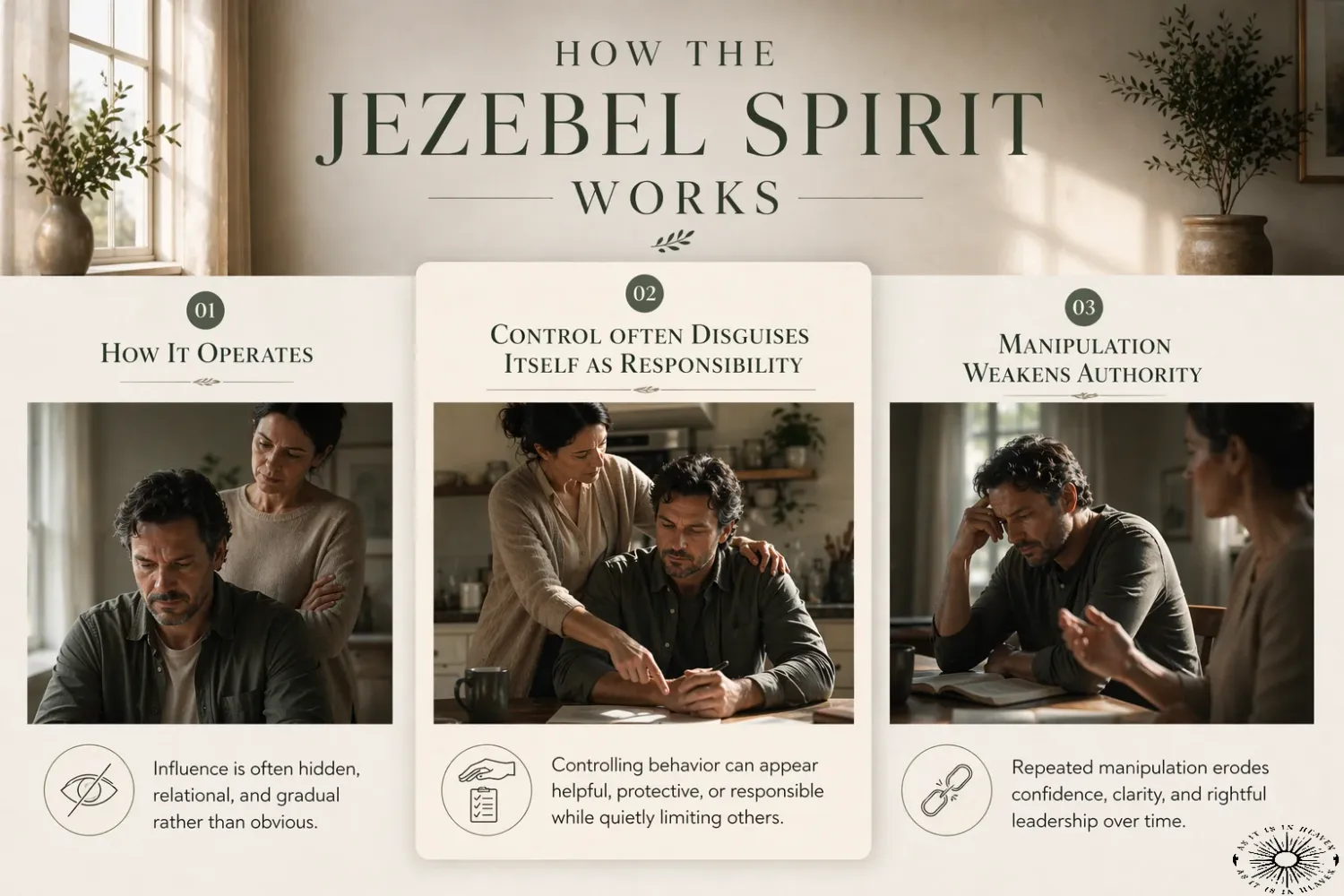 How the Jezebel Spirit works infographic showing relationships, work, and manipulation scenes with explanatory captions.