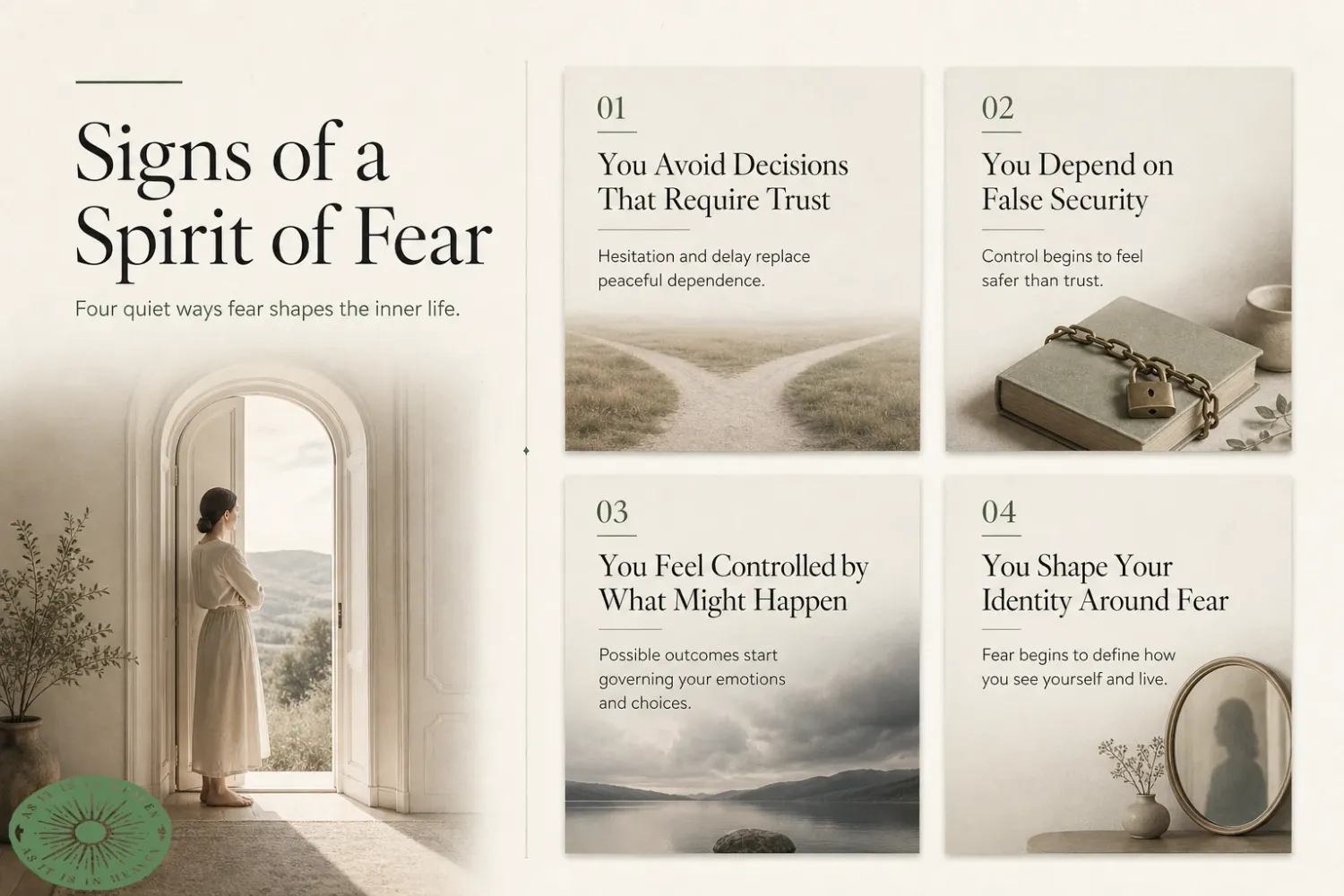 Signs of a spirit of fear infographic showing woman by window and four symbolic scenes with captions.