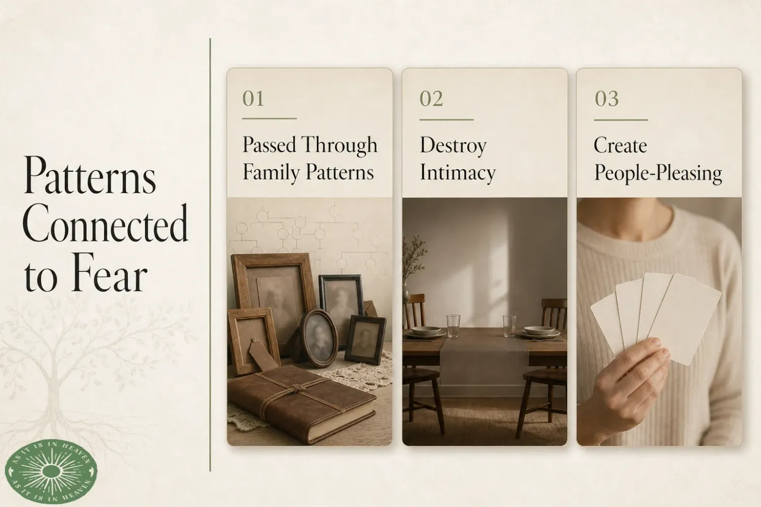 Patterns connected to fear infographic showing family photos, dining table, and person holding blank cards.