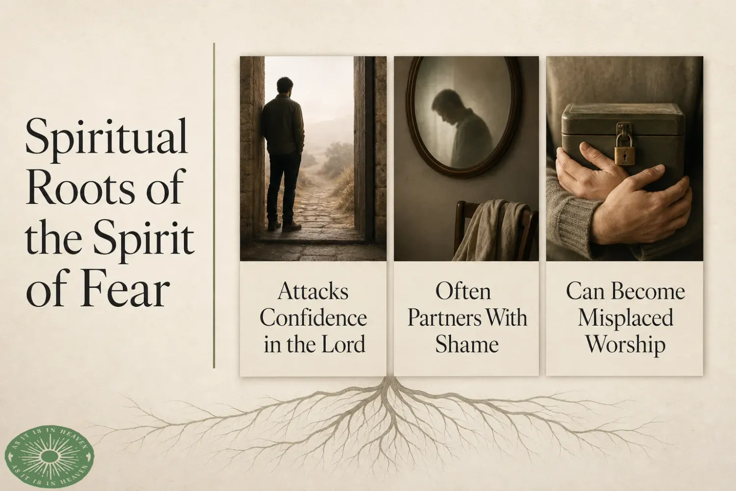 piritual roots of the spirit of fear infographic showing doorway figure, mirror reflection, and locked box.