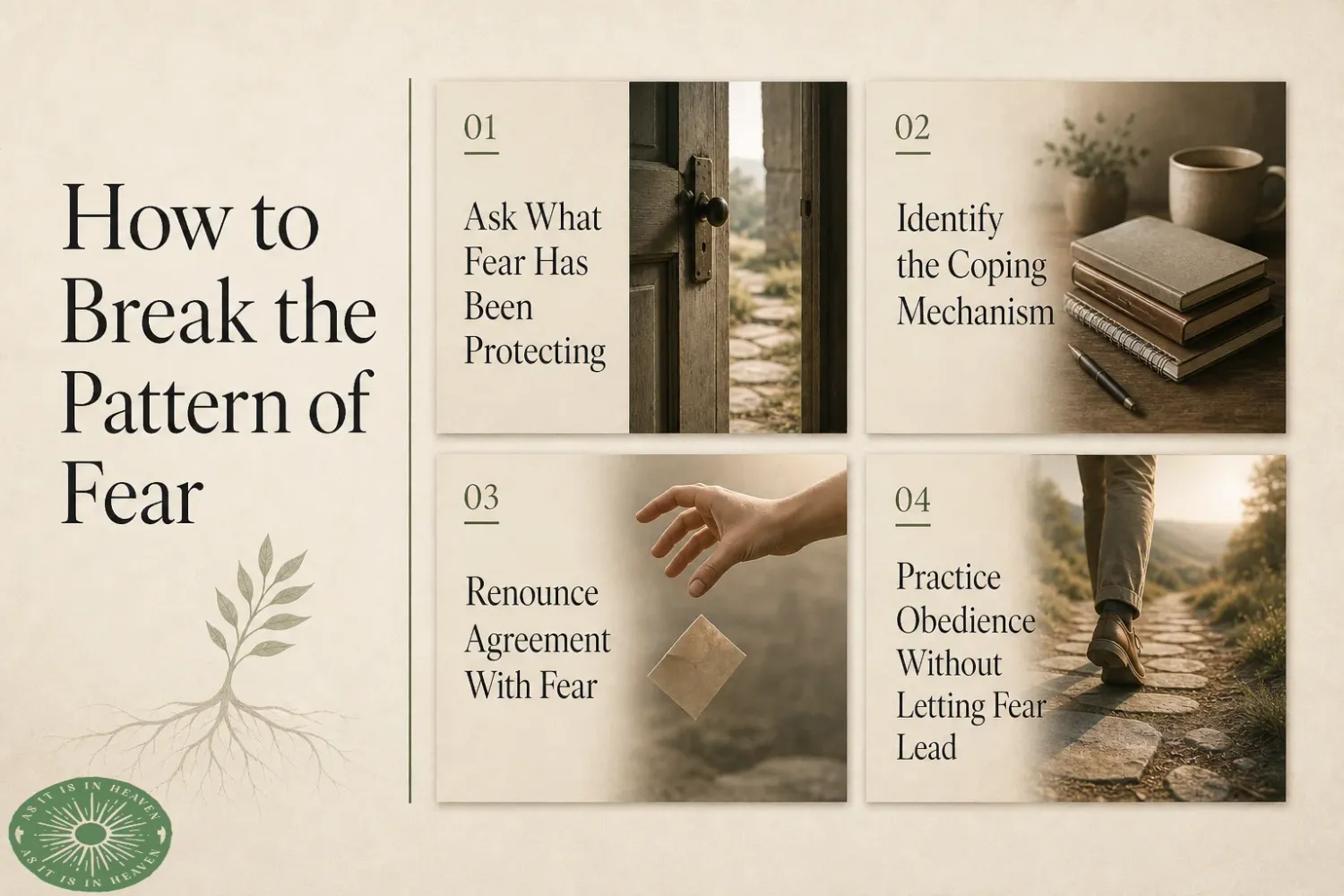 How to break the pattern of fear infographic showing four steps with door, hand, and walking path visuals.