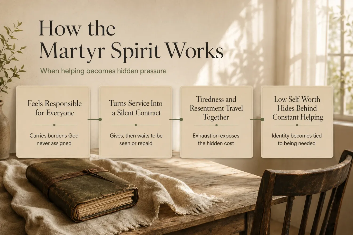How the Martyr Spirit works infographic explaining responsibility, silent service, resentment, and constant helping patterns.