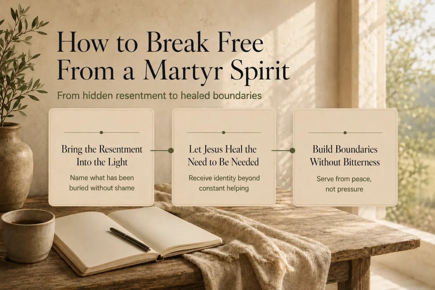 How to break free from a martyr spirit infographic showing healing boundaries and resentment recovery steps.