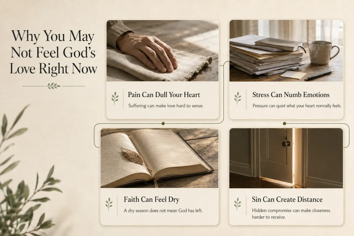 Why you may not feel God’s love right now infographic showing pain, stress, dry faith, and spiritual distance.