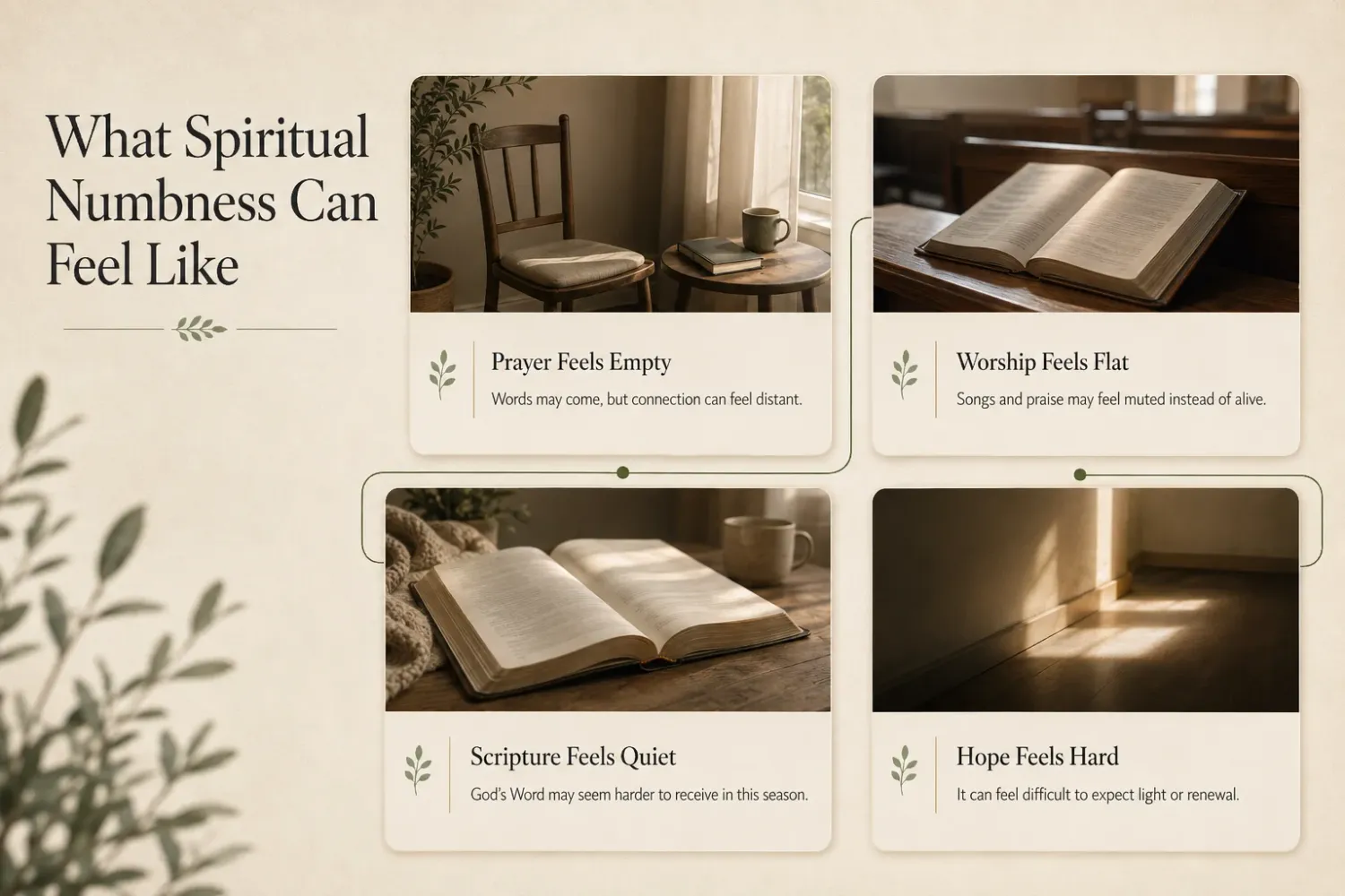 What spiritual numbness can feel like infographic describing empty prayer, muted worship, quiet Scripture, and difficult hope.