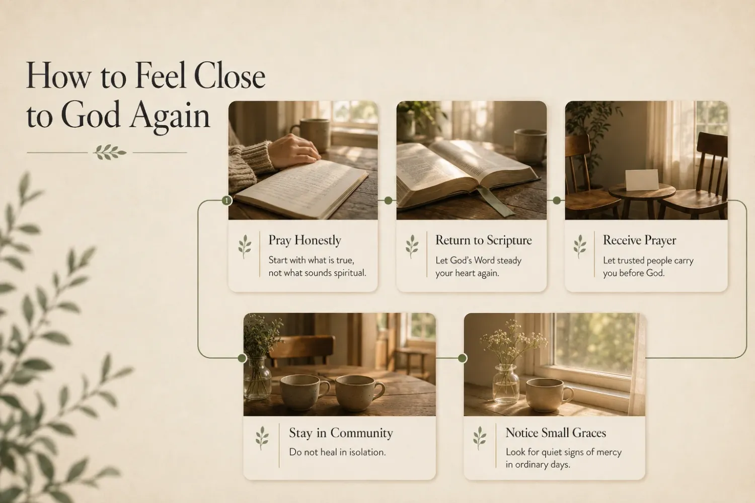 How to feel close to God again infographic showing prayer, Scripture, community, and noticing small graces.