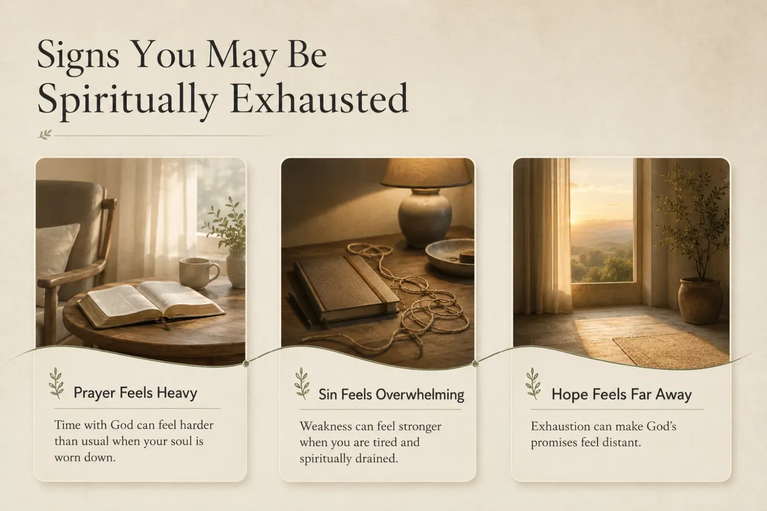 Signs you may be spiritually exhausted infographic showing heavy prayer, overwhelming sin, and distant hope.