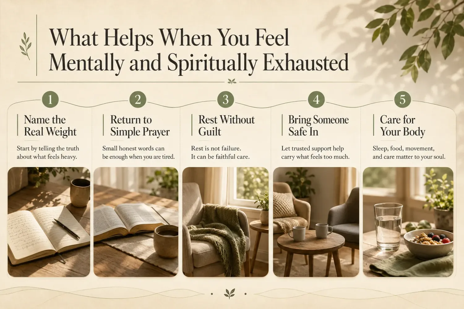What helps when mentally and spiritually exhausted infographic showing prayer, rest, support, and body care.