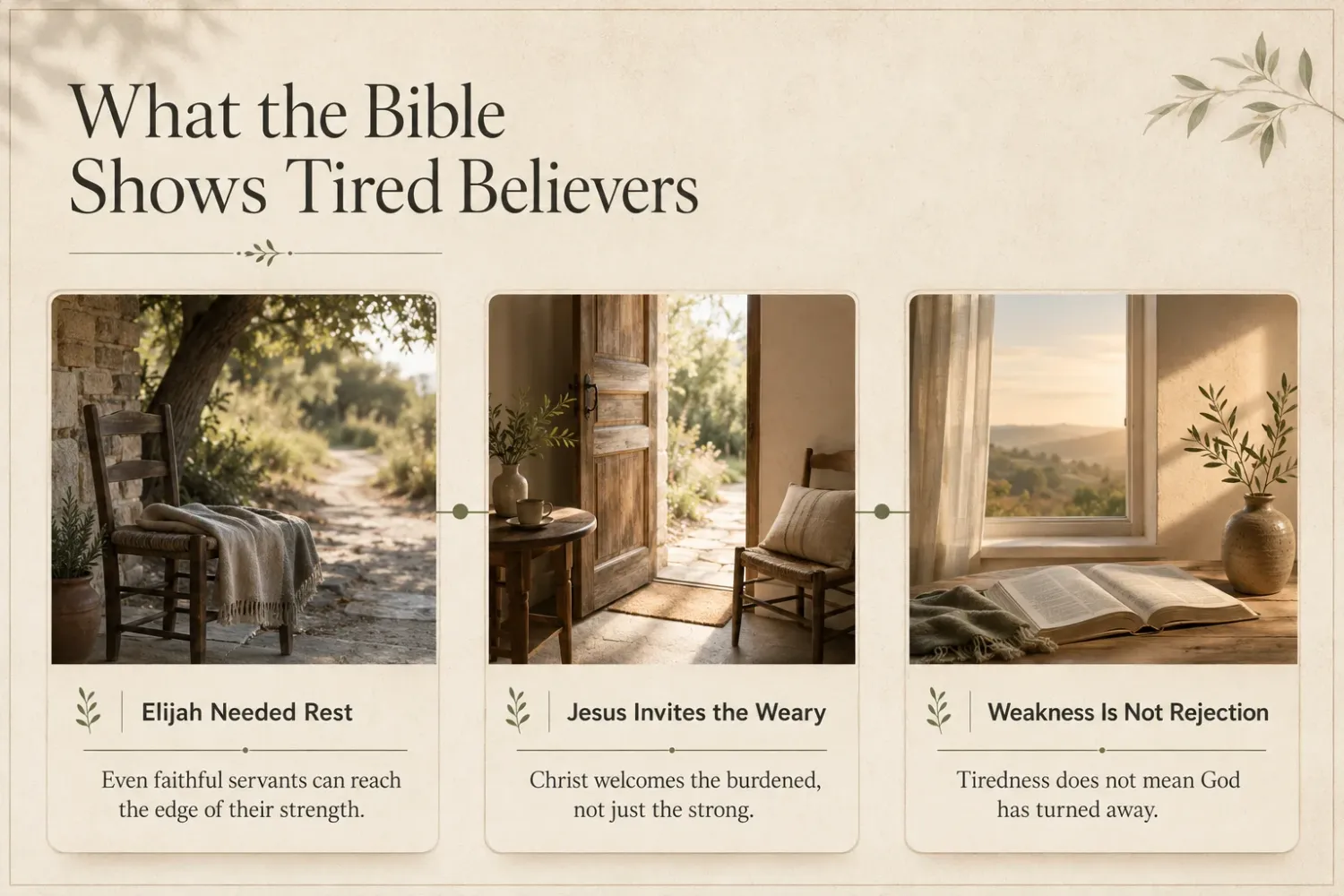 What the Bible shows tired believers infographic with rest, weary invitation, and weakness themes.