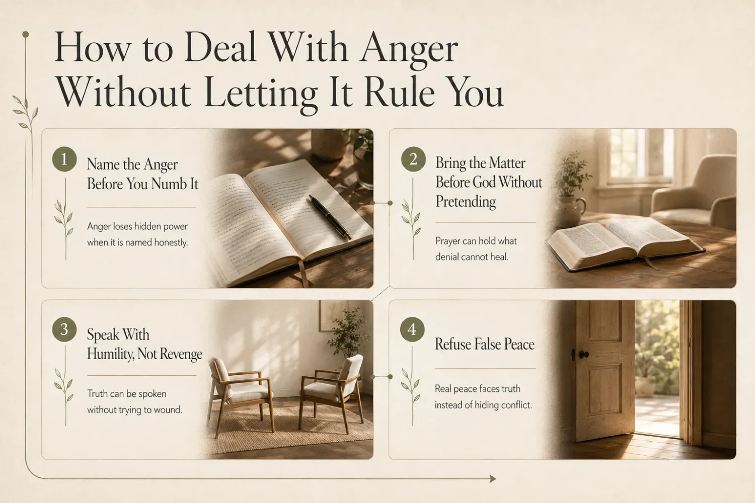 How to deal with anger without letting it rule you infographic with prayer, conversation, and peace themes.