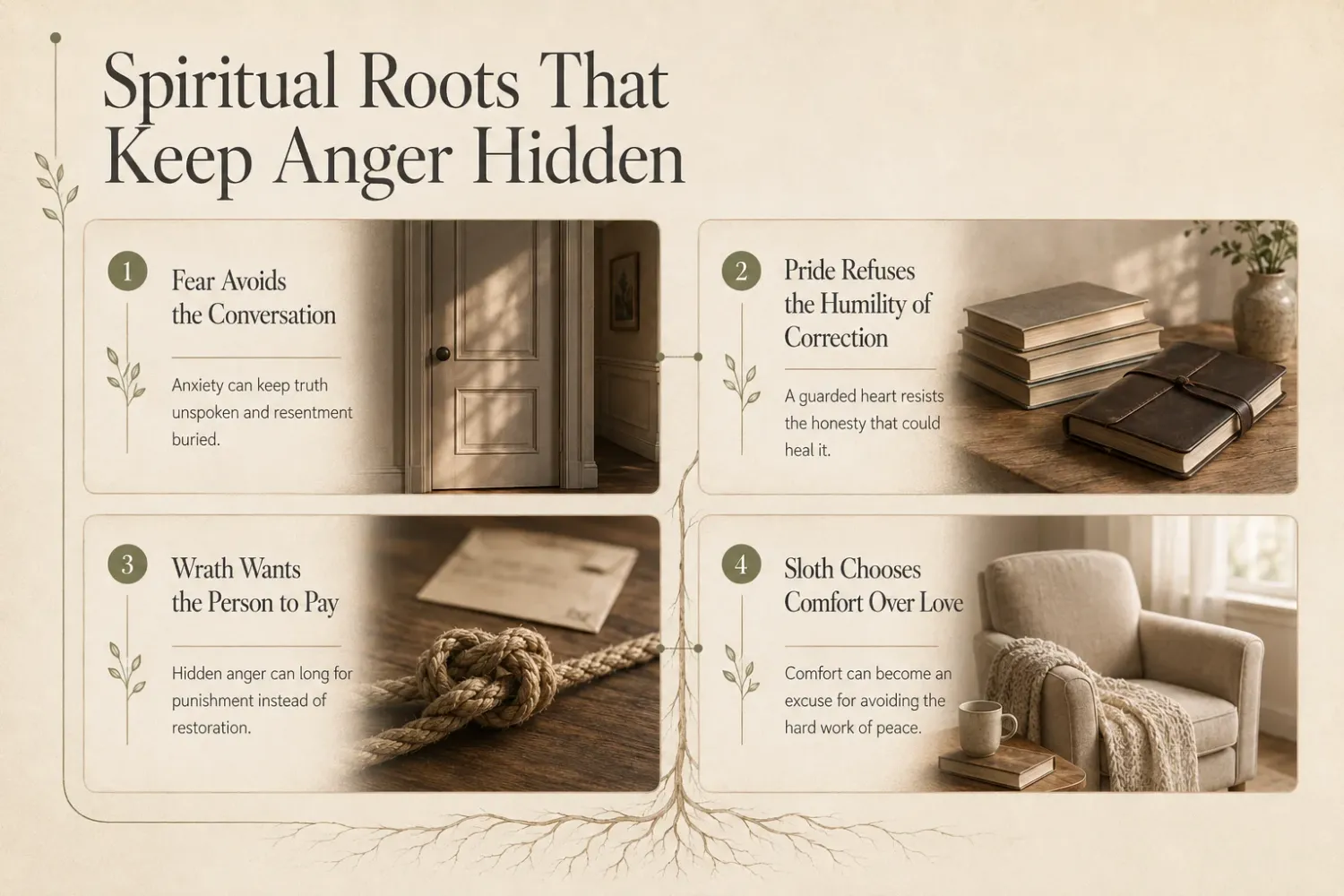 Spiritual roots that keep anger hidden infographic featuring fear, pride, wrath, and comfort avoidance imagery.