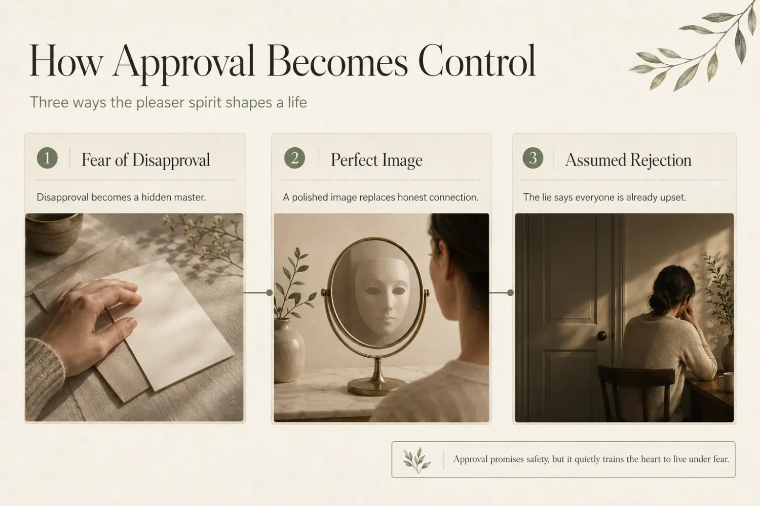 How approval becomes control infographic showing fear of disapproval, image management, and rejection.