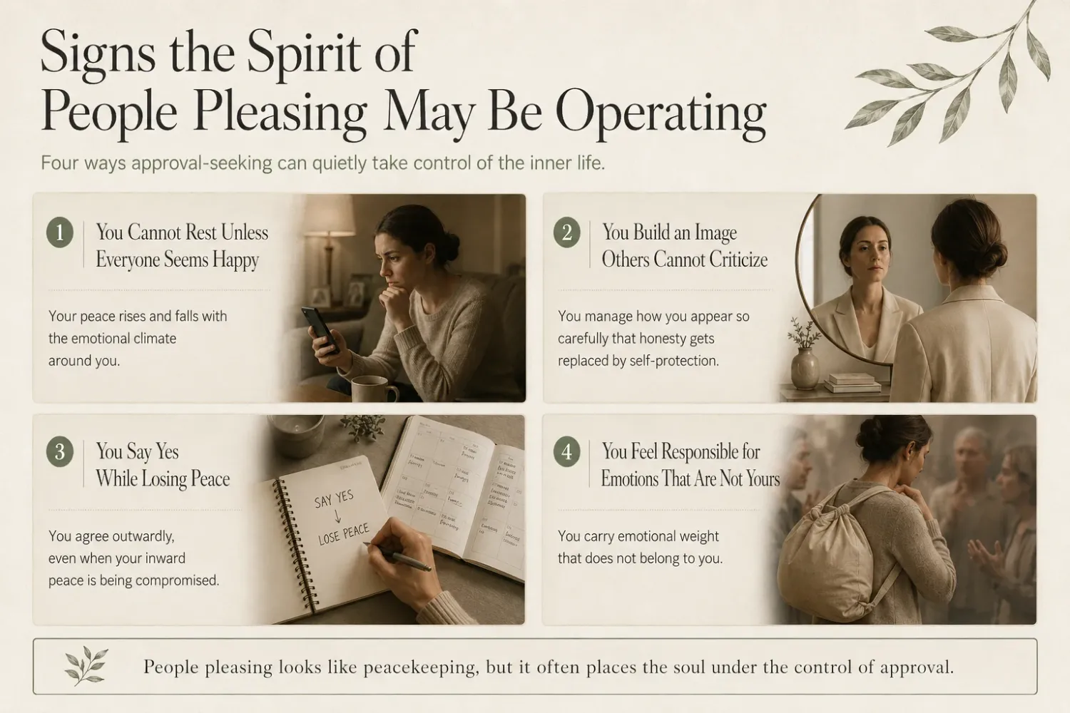 Signs the spirit of people pleasing may be operating infographic showing approval-seeking patterns.