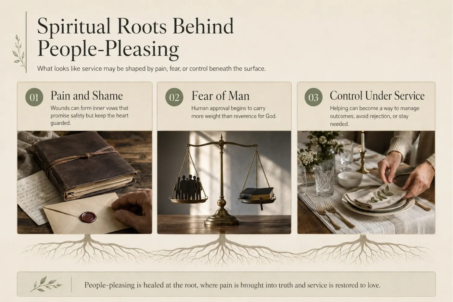 Spiritual roots behind people pleasing infographic exploring pain, fear of man, and control.