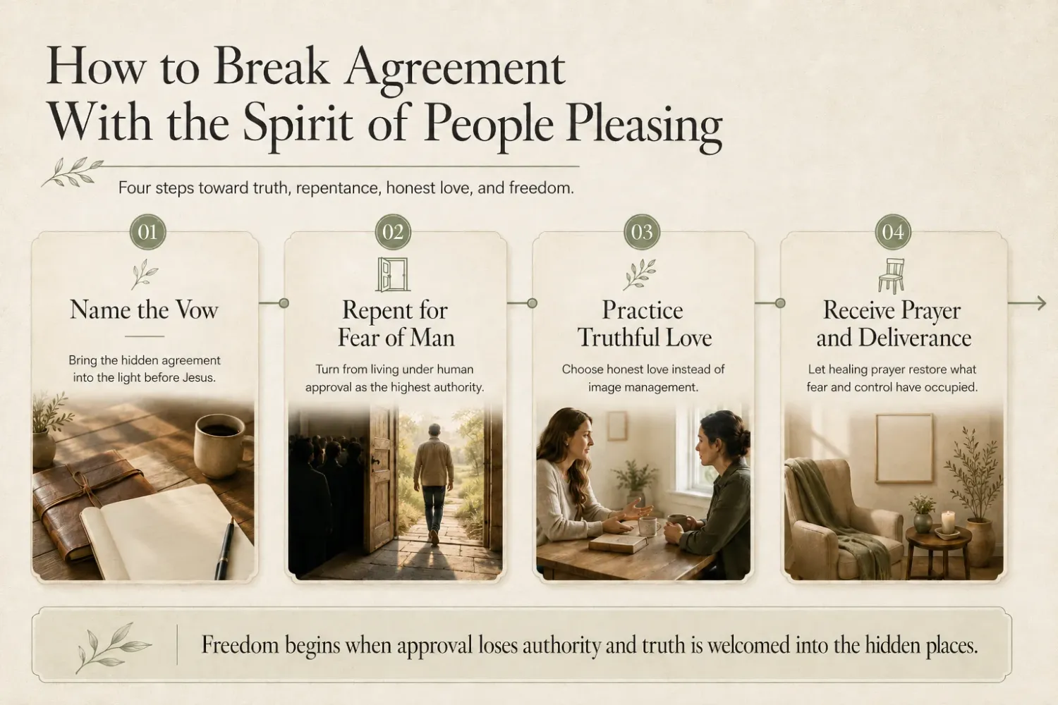 How to break agreement with the spirit of people pleasing infographic showing four deliverance steps.
