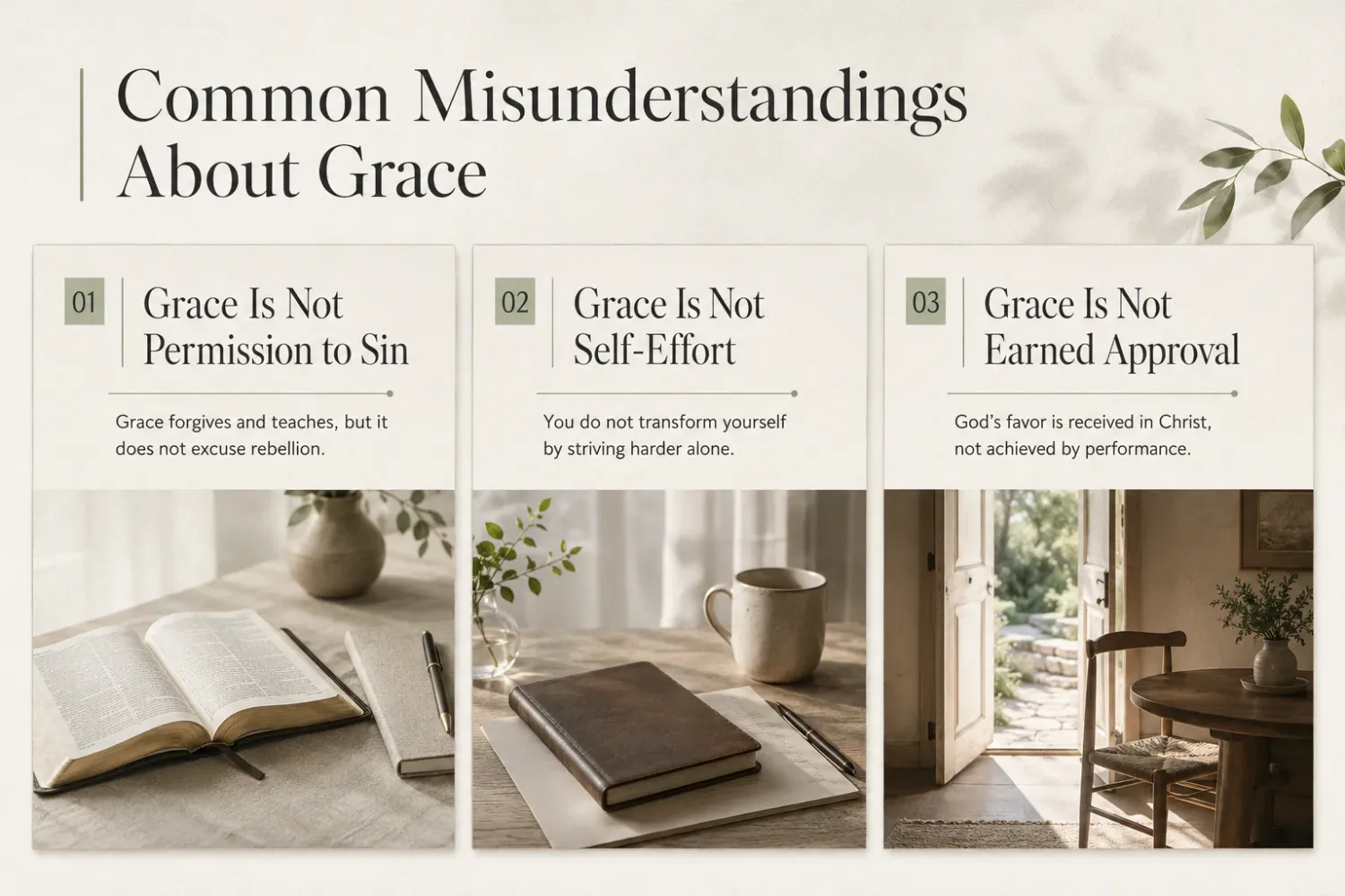 Common misunderstandings about grace infographic showing biblical teaching through study and reflection scenes.