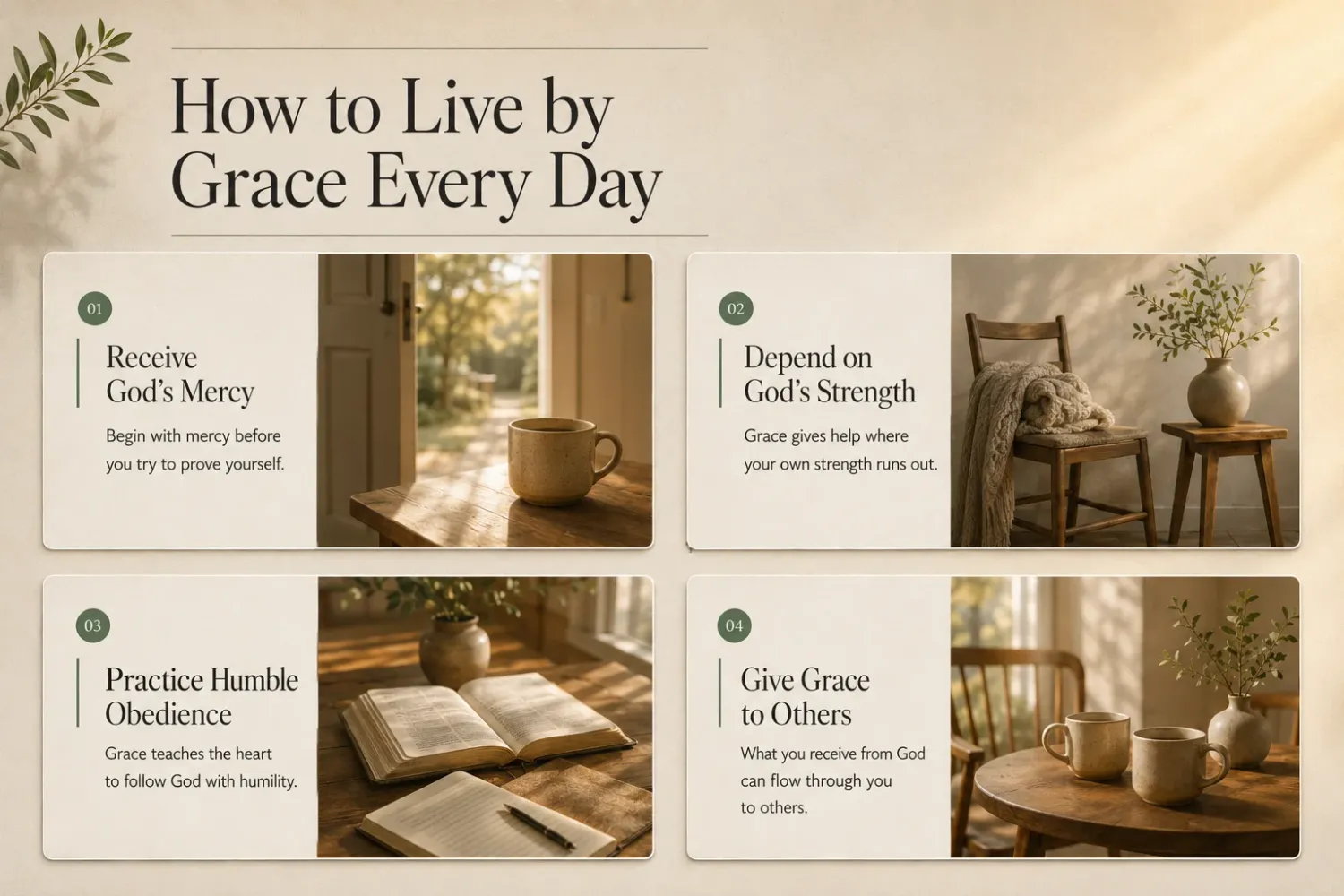 How to live by grace every day infographic illustrating mercy, strength, obedience, and grace.