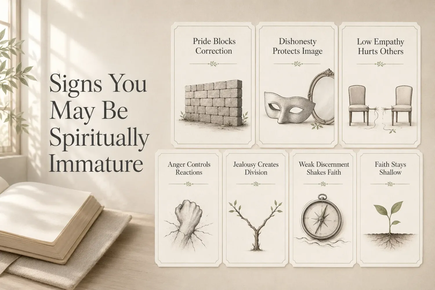 Signs you may be spiritually immature infographic showing pride, dishonesty, empathy, and faith indicators.