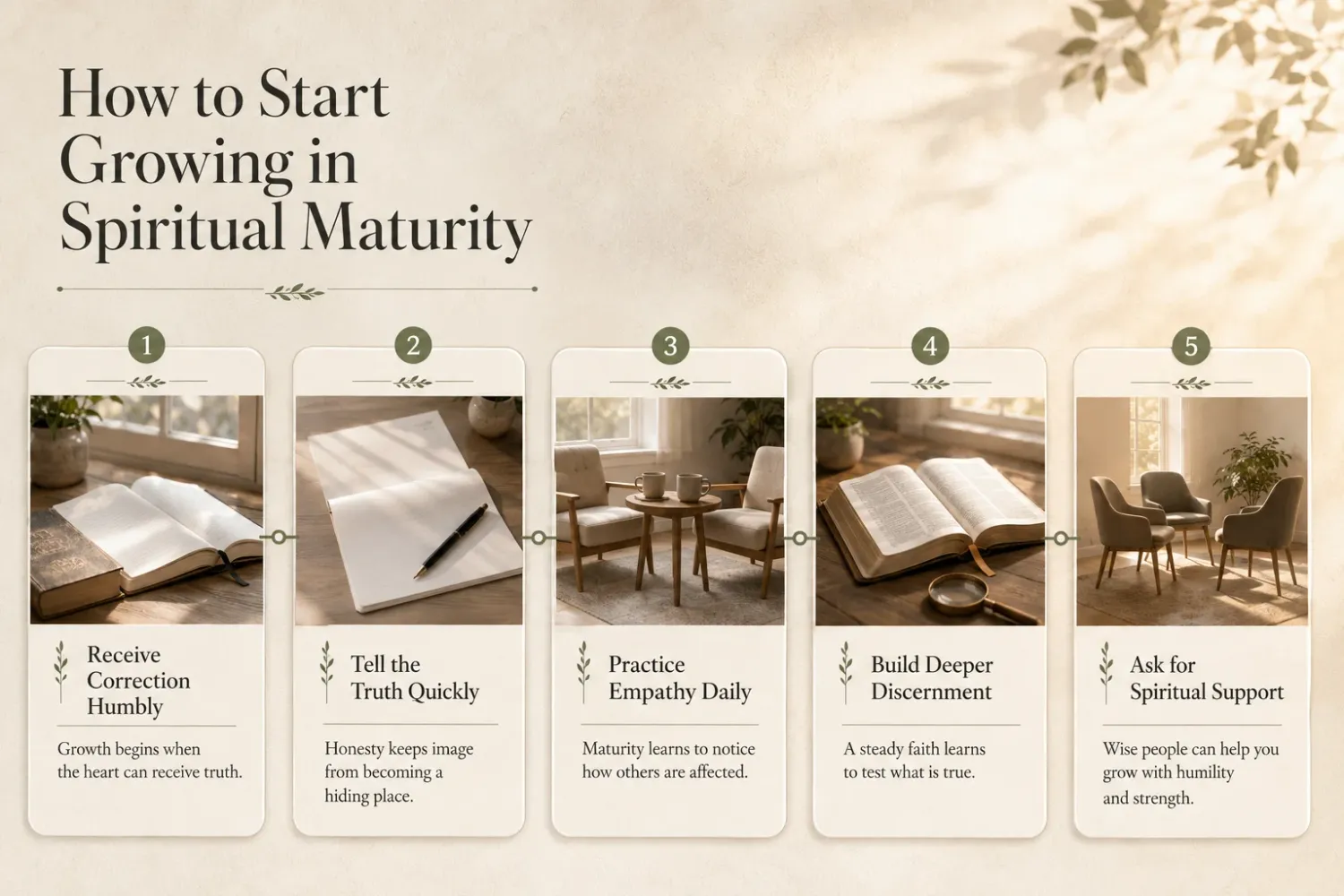 How to start growing in spiritual maturity infographic covering correction, empathy, discernment, and support.