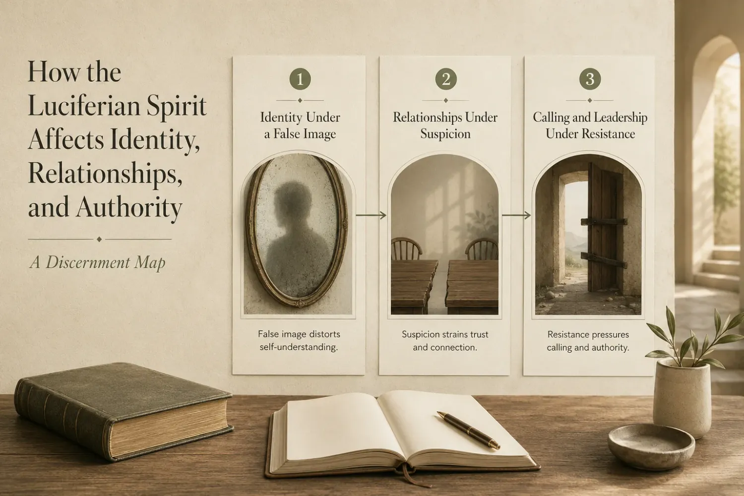 How the luciferian spirit affects identity relationships and authority infographic with discernment map.