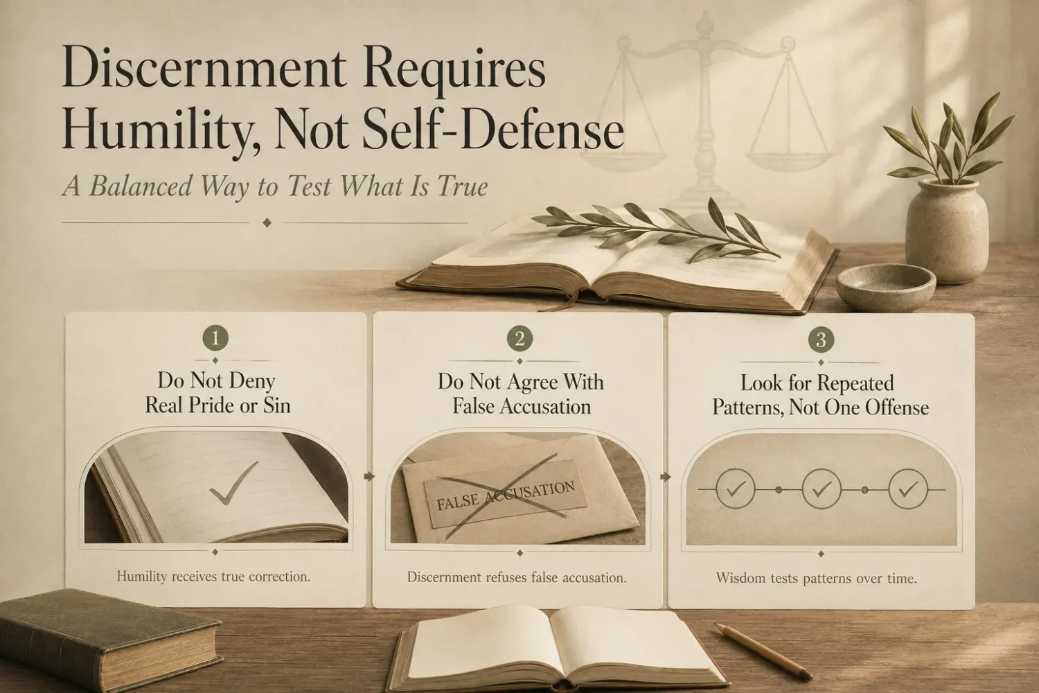 Discernment requires humility not self-defense infographic explaining truth testing and false accusation.