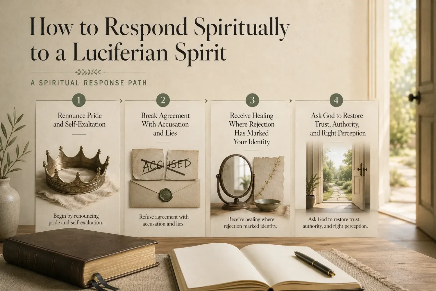 How to respond spiritually to a luciferian spirit infographic showing four-step response path.