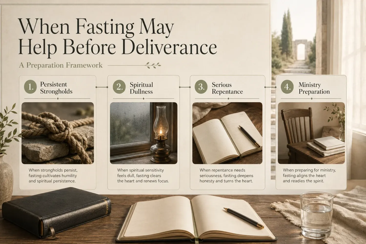 When fasting may help before deliverance infographic showing preparation steps for repentance and ministry readiness.