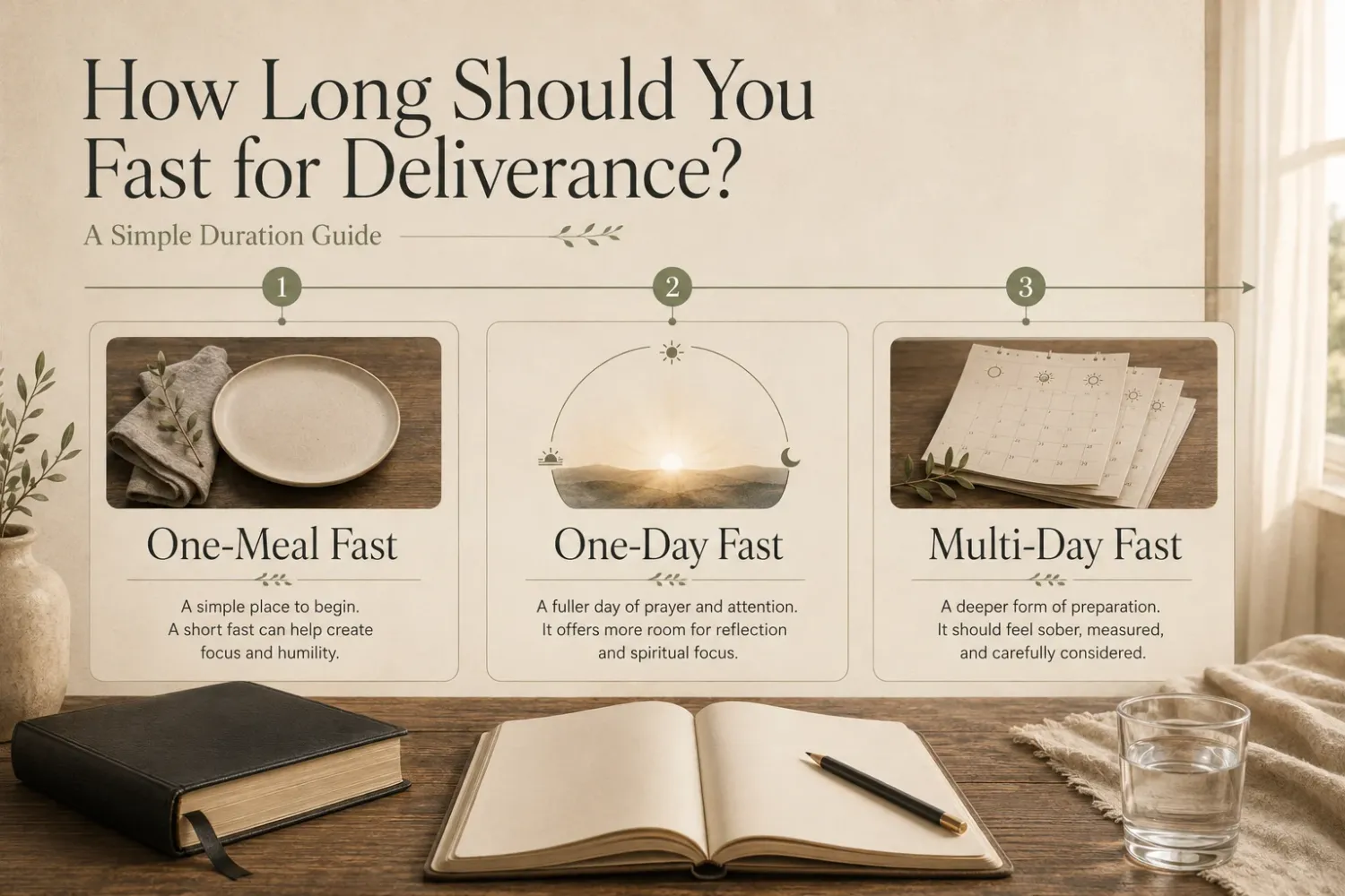 How long should you fast for deliverance infographic comparing one-meal, one-day, and multi-day fasts.