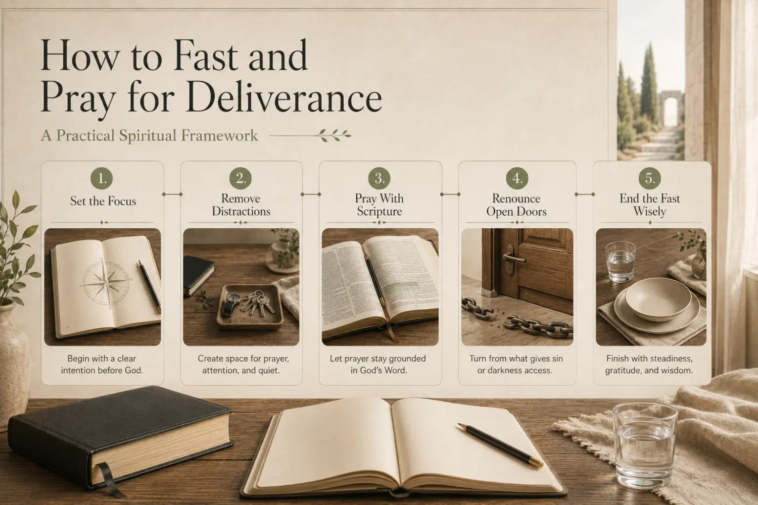 How to fast and pray for deliverance infographic outlining focus, Scripture, repentance, and completion.
