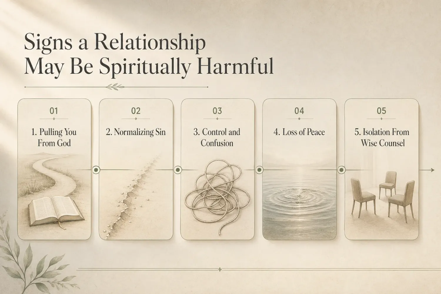 Signs a relationship may be spiritually harmful infographic highlighting confusion, lost peace, and isolation.