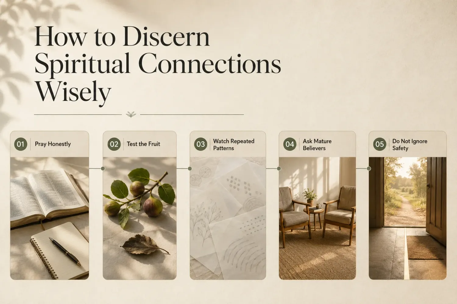 How to discern spiritual connections wisely infographic showing prayer, fruit testing, patterns, counsel, and safety.