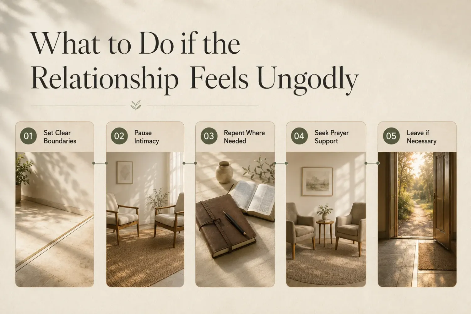 What to do if the relationship feels ungodly infographic outlining boundaries, repentance, prayer, and safety.