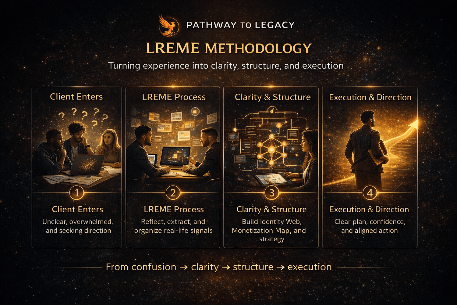 Pathway to Legacy Clarity Engine diagram showing the process of capturing experiences, performing reflection and analysis, extracting meaningful signals, developing insight, and achieving clarity that leads to strategic direction and legacy development. The Pathway to Legacy system produces three strategic outputs: Identity Web, Monetization Map, and Execution Plan.