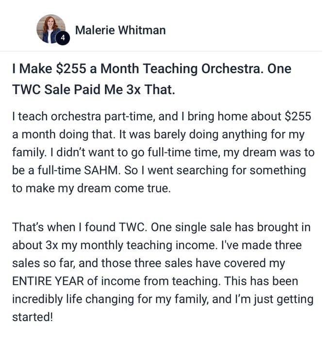Malerie: One TWC sale paid me 3x my monthly teaching income