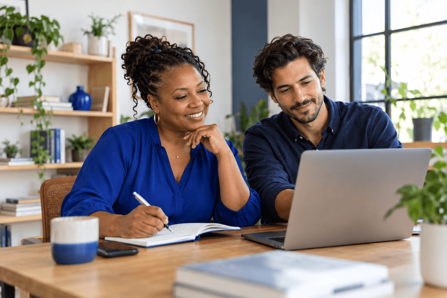 Illustrative AI-generated scene of two business colleagues reviewing their work together