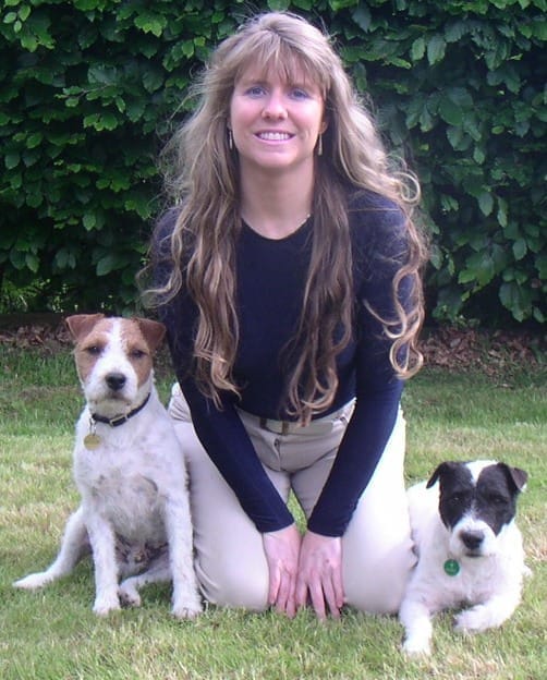 Sharon Bolt celebrity dog trainer with her terriers — expert in stopping barking, pulling, aggression and puppy training