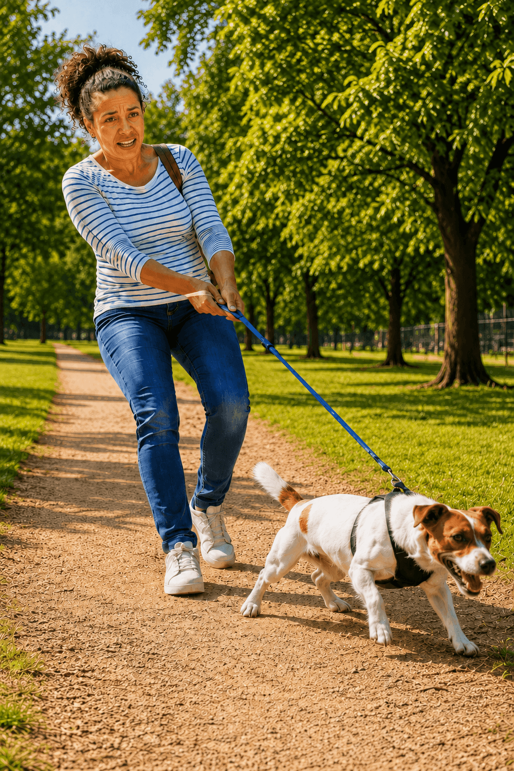 Dog owner being pulled along by her dog during a walk in the park