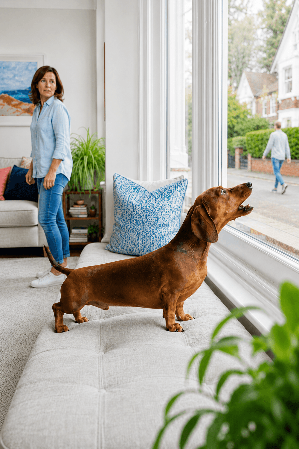 Dachshund barking at a passer-by through the window while his owner looks concerned