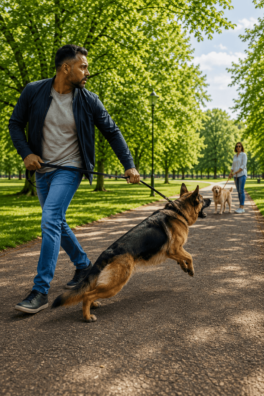 German Shepherd lunging towards another dog in a park while his owner holds the lead firmly