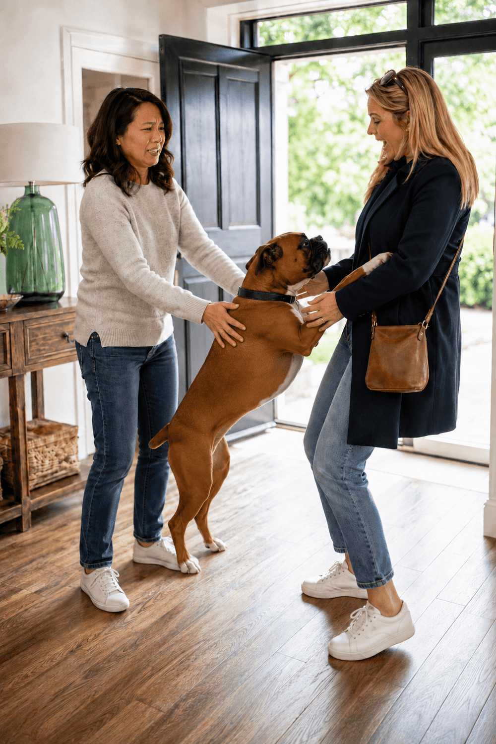 Friendly Boxer jumping up at a visitor while his owner tries to hold him back at the front door