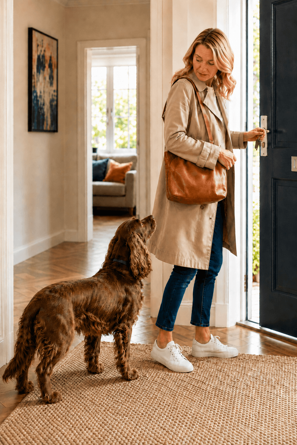 Cocker Spaniel watching anxiously as his owner prepares to leave through the front door