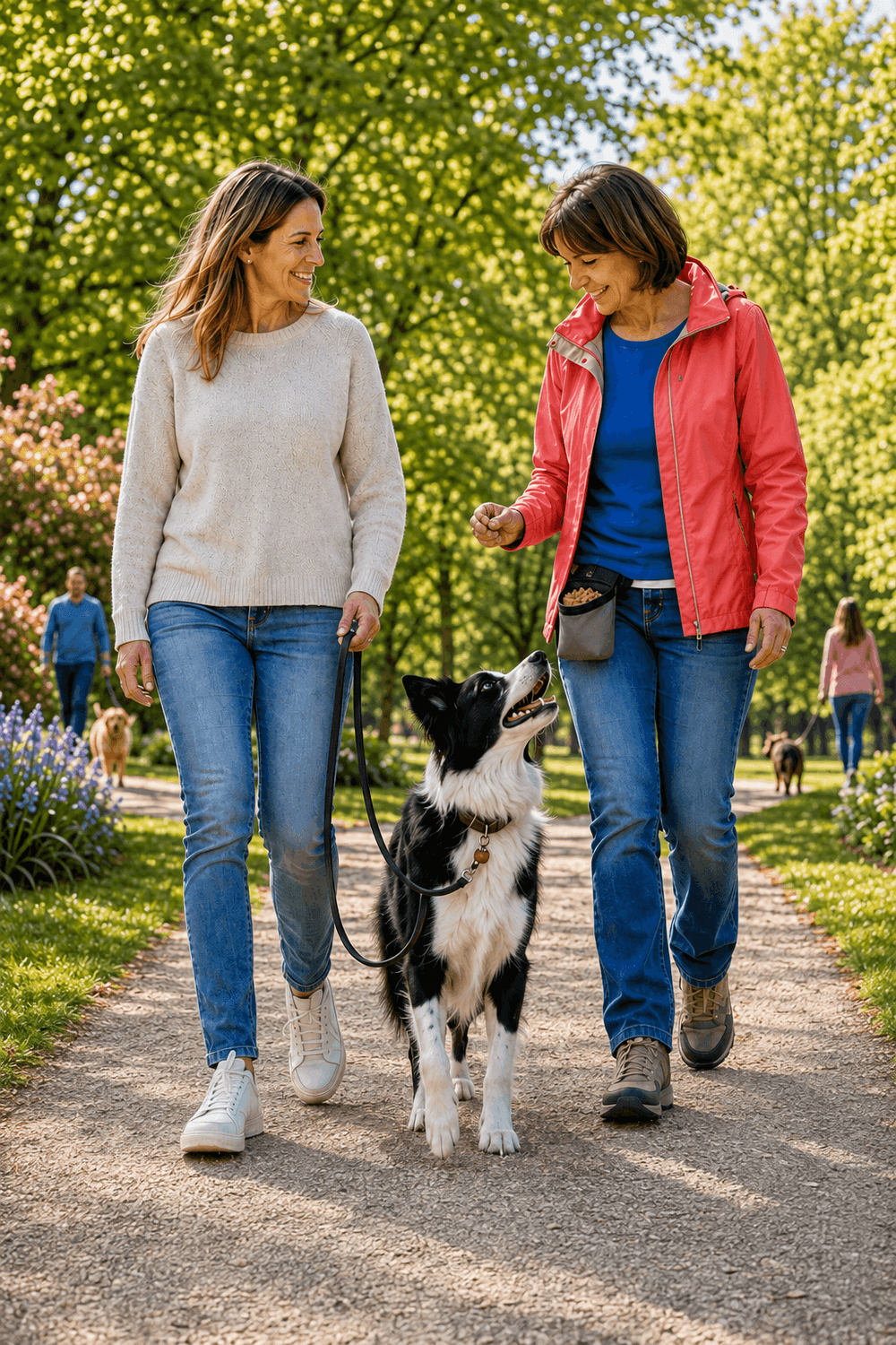 Dog trainer rewarding an attentive Border Collie while walking with the dog’s owner in a sunny park