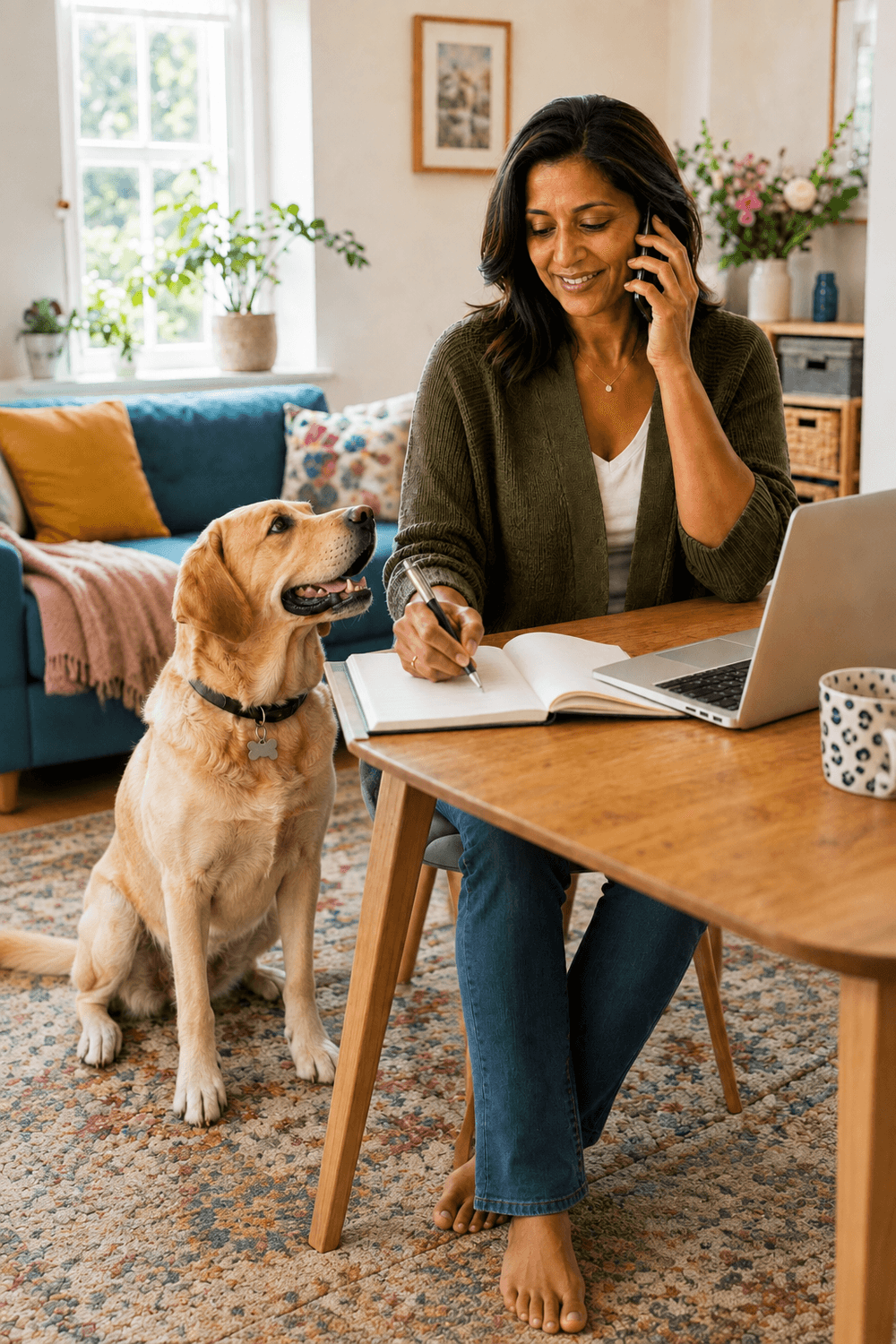 Successful dog business owner taking a phone booking at her desk while her Labrador looks up at her
