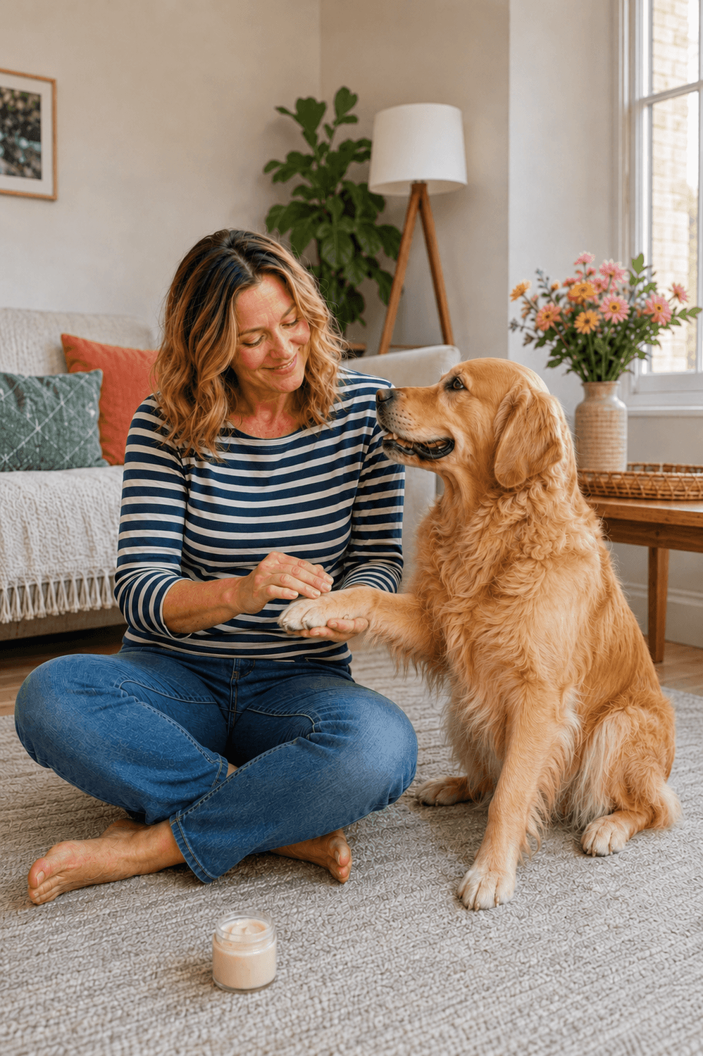 Golden Retriever looking at his owner while she applies natural balm to his paw at home