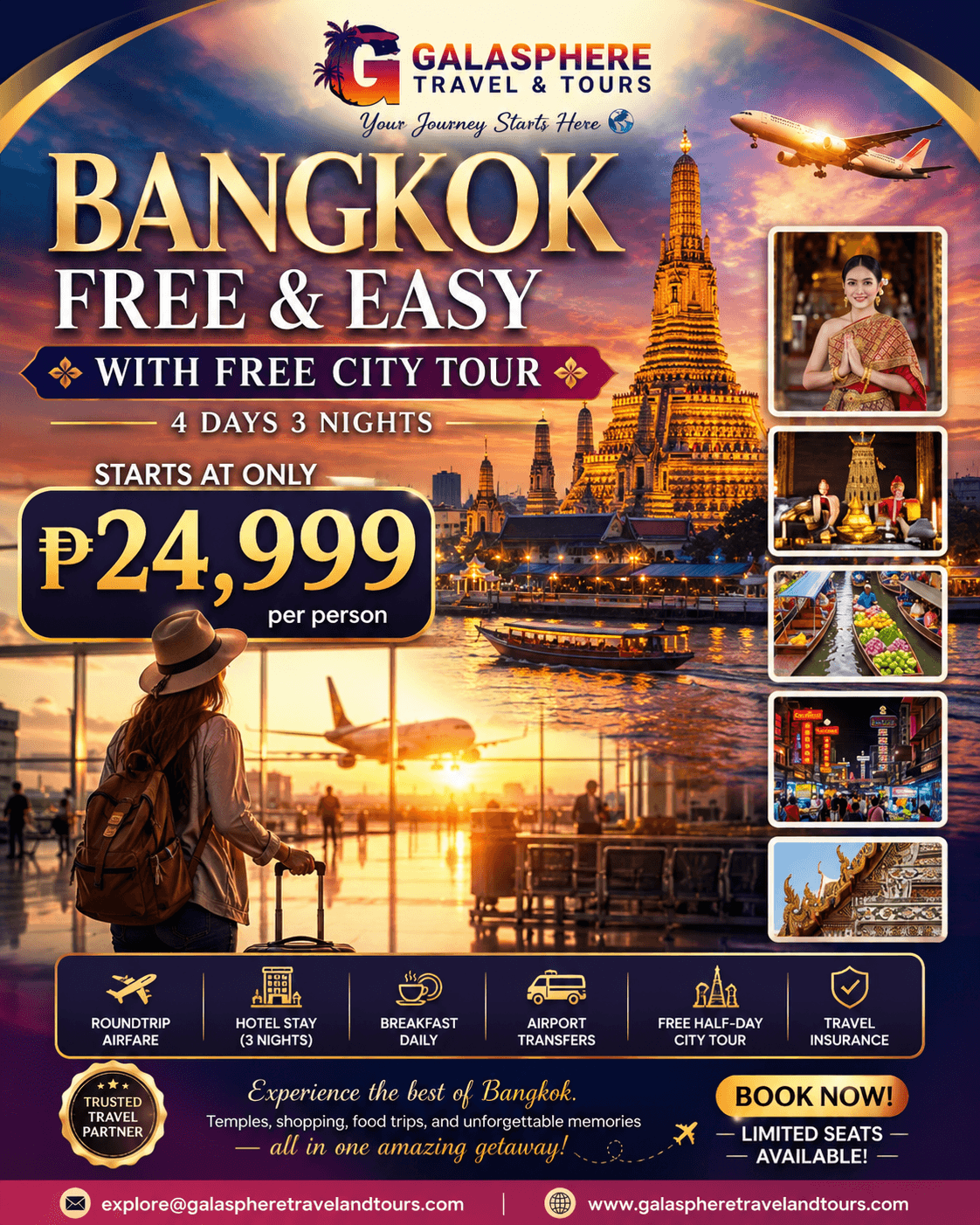 Luxury travel advertisement for Galasphere Travel & Tours featuring a 4D3N Bangkok Free and Easy package with free Bangkok city tour, showcasing Wat Arun, the Grand Palace, Chao Phraya River, Pratunam Market, colorful Thai street food, and Cebu Pacific flights for travelers planning a Thailand vacation in 2026.